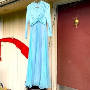 Vintage 70s Blue Pleated Long Gown